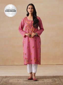 House of Chikankari - Cotton Chikankari Women's Long Kurta - Dust Pink