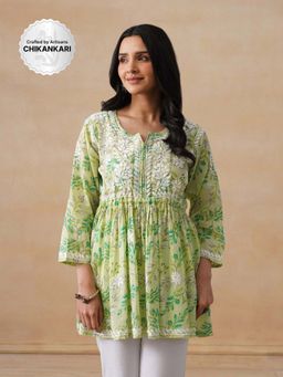 House of Chikankari - Mulmul Chikankari Printed Women's Short Kurta - Green