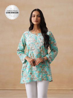House of Chikankari - Mulmul Chikankari Printed Women's Short Kurta - Turquoise