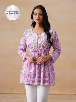 House of Chikankari - Mulmul Chikankari Printed Women's Short Kurta - Purple