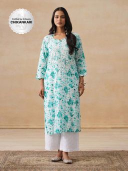 House of Chikankari - Mulmul Chikankari Green Print Women's Long Kurta