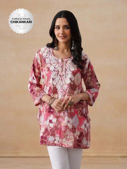 House of Chikankari - Mulmul Chikankari Printed Women's Short Kurta - Pink