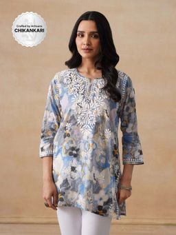 House of Chikankari - Mulmul Chikankari Printed Women's Short Kurta - Multicolour