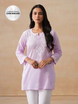 House of Chikankari - Cotton Chikankari Women's Short Kurta - Lavender