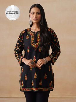 House of Chikankari - Cotton Chikankari Women's Short Kurta - Black