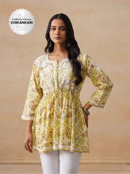 House of Chikankari - Mulmul Chikankari Printed Women's Short Kurta - Yellow