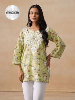 House of Chikankari - Mulmul Chikankari Printed Women's Short Kurta - Light Green
