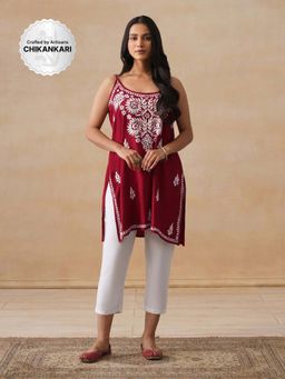 House of Chikankari - Rayon Chikankari Women's Short Kurta - Maroon