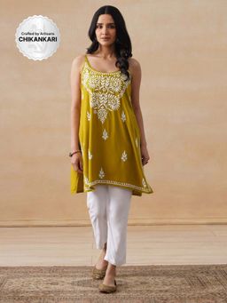 House of Chikankari - Rayon Chikankari Women's Short Kurta - Mustard