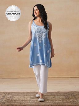 House of Chikankari - Rayon Chikankari Women's Short Kurta - Blue