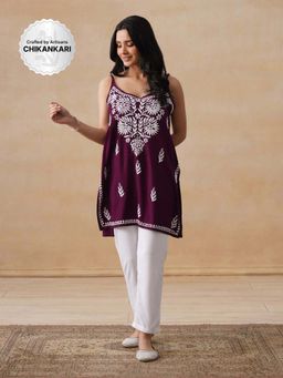 House of Chikankari - Rayon Chikankari Women's Short Kurta - Wine
