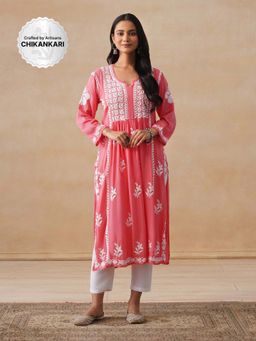 House of Chikankari - Modal Chikankari Women's Long Kurta - Coral