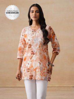 House of Chikankari - Mulmul Chikankari Printed Women's Short Kurta - Orange