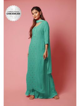 Label Aishwaryrika - LABEL AISHWARYRIKAa Celeste Chikankari and Mukaish Kurta (Set of 3)