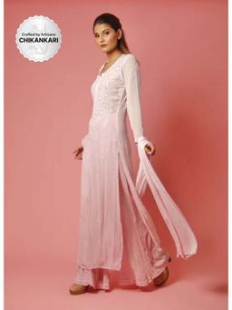 Label Aishwaryrika - LABEL AISHWARYRIKAa Dusty Pink Chikankari & Mukaish Ombre Chikankari Kurta (Set of 3)
