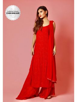 Label Aishwaryrika - LABEL AISHWARYRIKAa Jolly Red Chikankari Kurta (Set of 3)