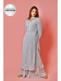 Label Aishwaryrika - LABEL AISHWARYRIKAa Powder Blue Chikankari Kurta (Set of 3)