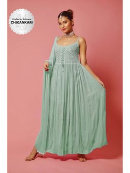 Label Aishwaryrika - LABEL AISHWARYRIKAa Sage Green Chikankari Anarkali Kurta (Set of 3)