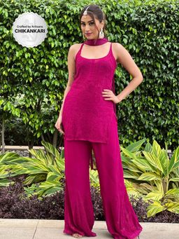 Label Aishwaryrika - Ruby Pink Short Strappy Chikankari Kurta
