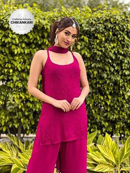 Label Aishwaryrika - Ruby Pink Short Strappy Chikankari Kurta-Sharara (Set of 3)