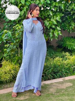 Label Aishwaryrika - French Blue Chikankari & Mukaish Kurta (Set of 3)