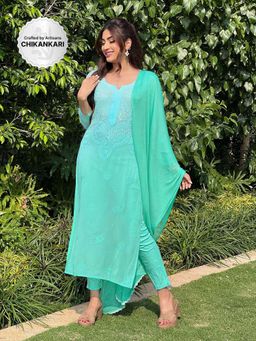 Label Aishwaryrika - Blue Lagoon Chikankari Kurta (Set of 3)