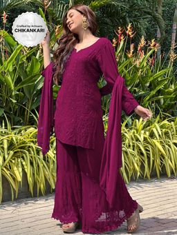 Label Aishwaryrika - Mulled Wine Short Chikankari Kurta-Gharara (Set of 3)