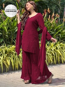 Label Aishwaryrika - Red Berry Short Chikankari Kurta-Gharara (Set of 3)