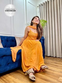 Label Aishwaryrika - Mango May Chikankari Anarkali Kurta (Set of 3)