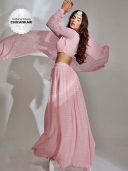 Label Aishwaryrika - Carnation Pink Chikankari & Mukaish Lehenga (Set of 3)