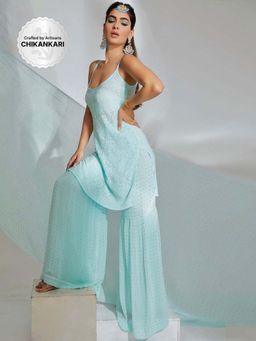 Label Aishwaryrika - Arctic Sky Chikankari & Mukaish Kurta-Gharara (Set of 3)