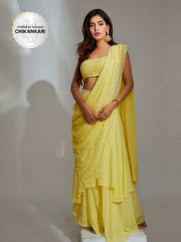 Label Aishwaryrika - Dahlia Chikankari Lehenga Saree (Set of 2)