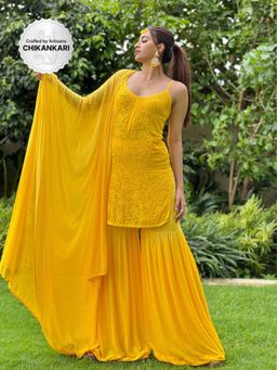 Label Aishwaryrika - Molten Gold Chikankari & Mukaish Kurta-gharara (Set of 3)