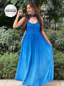 Label Aishwaryrika - Hydrangea Blue Flared Anarkali Chikankari Kurta