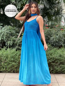 Label Aishwaryrika - Hydrangea Blue Flared Anarkali Chikankari Kurta (Set of 3)