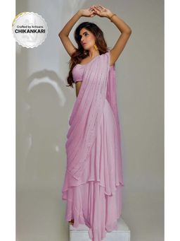 Label Aishwaryrika - Lavender Crush Chikankari Lehenga Saree with Stitched