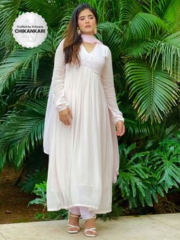 Label Aishwaryrika - Rose Blush Chikankari Anarkali (Set of 3)