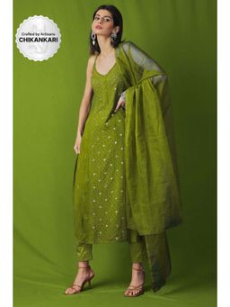 Label Aishwaryrika - Olive Green Ring Work Strappy Chikankari Kurta (Set of 3)