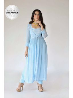 Label Aishwaryrika - Blue Daisy Chikankari & Mukaish Cape Kurta (Set of 3)