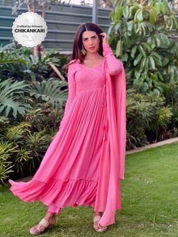 Label Aishwaryrika - Mahogany Pink Chikankari & Mukaish Angarkha Anarkali (Set of 3)