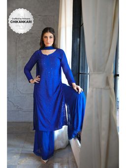 Label Aishwaryrika - Bazaar Blue Full Sleeves Chikankari Kurta (Set of 3)