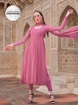 Label Aishwaryrika - Athena Chikankari Anarkali- Mauve (Set of 3)
