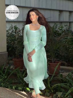 Label Aishwaryrika - Carolina Blue Chikankari Anarkali (Set of 3)