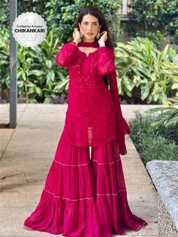 Label Aishwaryrika - Rouge Pink Chikankari Flared Gharara (Set of 3)