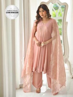 Label Aishwaryrika - Aiza Pink Chikankari Anarkali Palazzo with Dupatta (Set of 3)