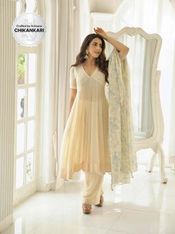 Label Aishwaryrika - Gazal Beige Chikankari Anarkali Palazzo with Dupatta (Set of 3)