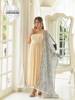 Label Aishwaryrika - Inaya Beige Chikankari Embroidery Anarkali Pant with Dupatta (Set of 3)