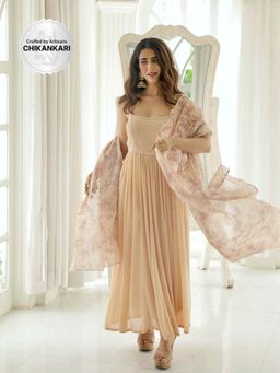 Label Aishwaryrika - Rhea Beige Chikankari Embroidery Anarkali Pant with Dupatta (Set of 3)
