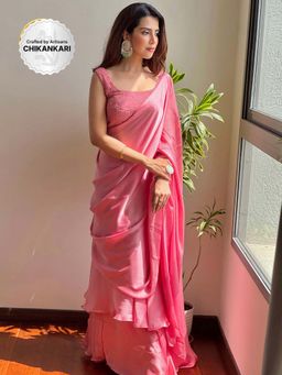 Label Aishwaryrika - Bella Chikankari Satin Lehenga Saree (Set of 3)