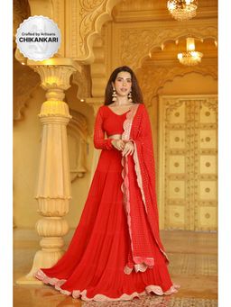 Label Aishwaryrika - Fire Ruby Chikankari Lehenga with Lace (Set of 3)